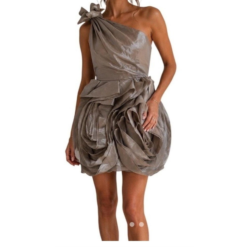 Vera Wang White Organza Cocktail Mini Dress 8 Mink Rosette Ruffle